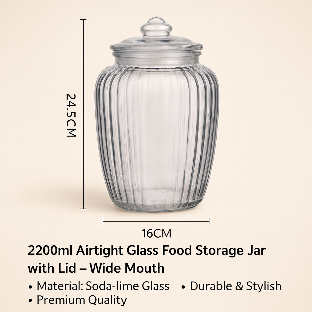 2200ml Airtight Glass Food Storage Jar with Lid – Wide Mouth