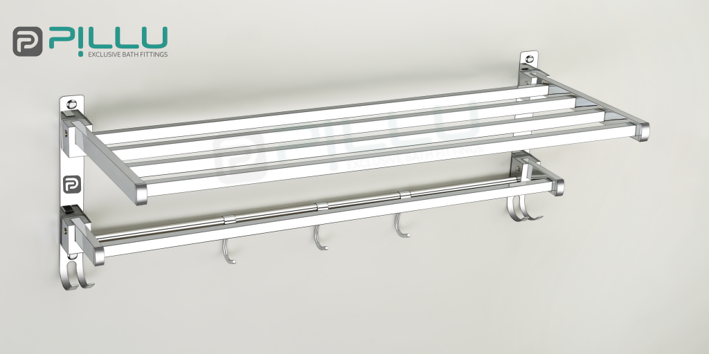 Pillu Bath Fittings Square Shape Stainless Steel Chrome Finish Folding 2 Bar Towel Rack with Adjustable Hook 18 Inch