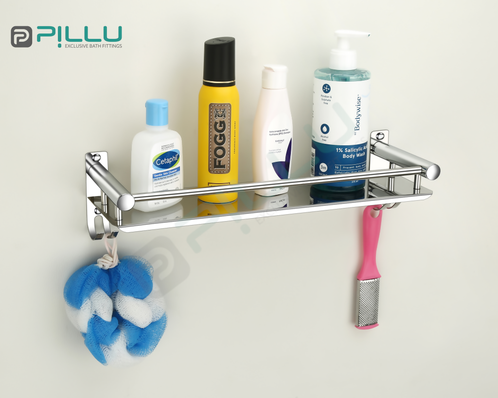 Pillu Bath Fittings 304 Grade Stainless Steel Bathroom Shelf for Wall Storage Shelves for Kitchen Wall Mounted Bathroom Organizer 15x5 Inches Chrome Finish