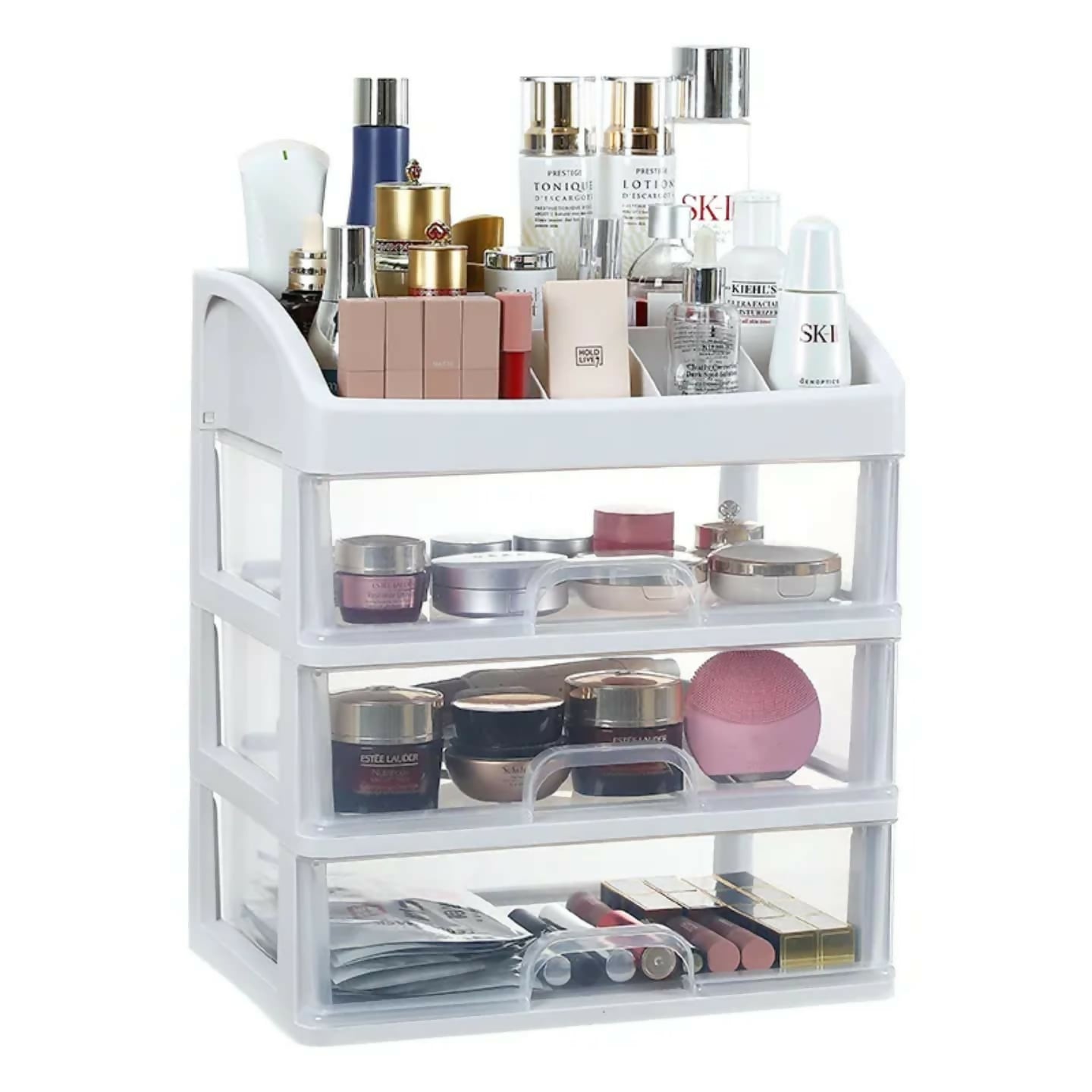 3-Tier Makeup Organizer for Women | Plastic Makeup Organizer for Vanity Table | Stylish Beauty Organizer for Women | Skincare & Makeup Storage Cabinet |