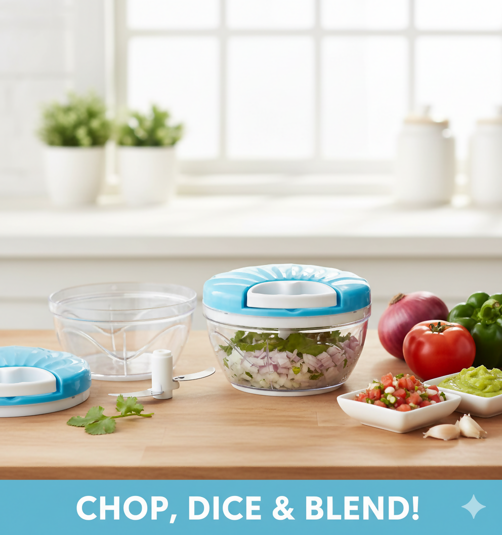 Kitchen Dori Handy Vegetable and Fruit Manual Onion Dry Fruit Salad Maker Vegetable Quick String Chopper Machine, Cutter – 3 Stainless Steel Blades (500 ml, Blue)