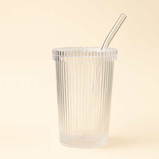 Ribbed Glass Cups with Lids & Straws – 12.7oz