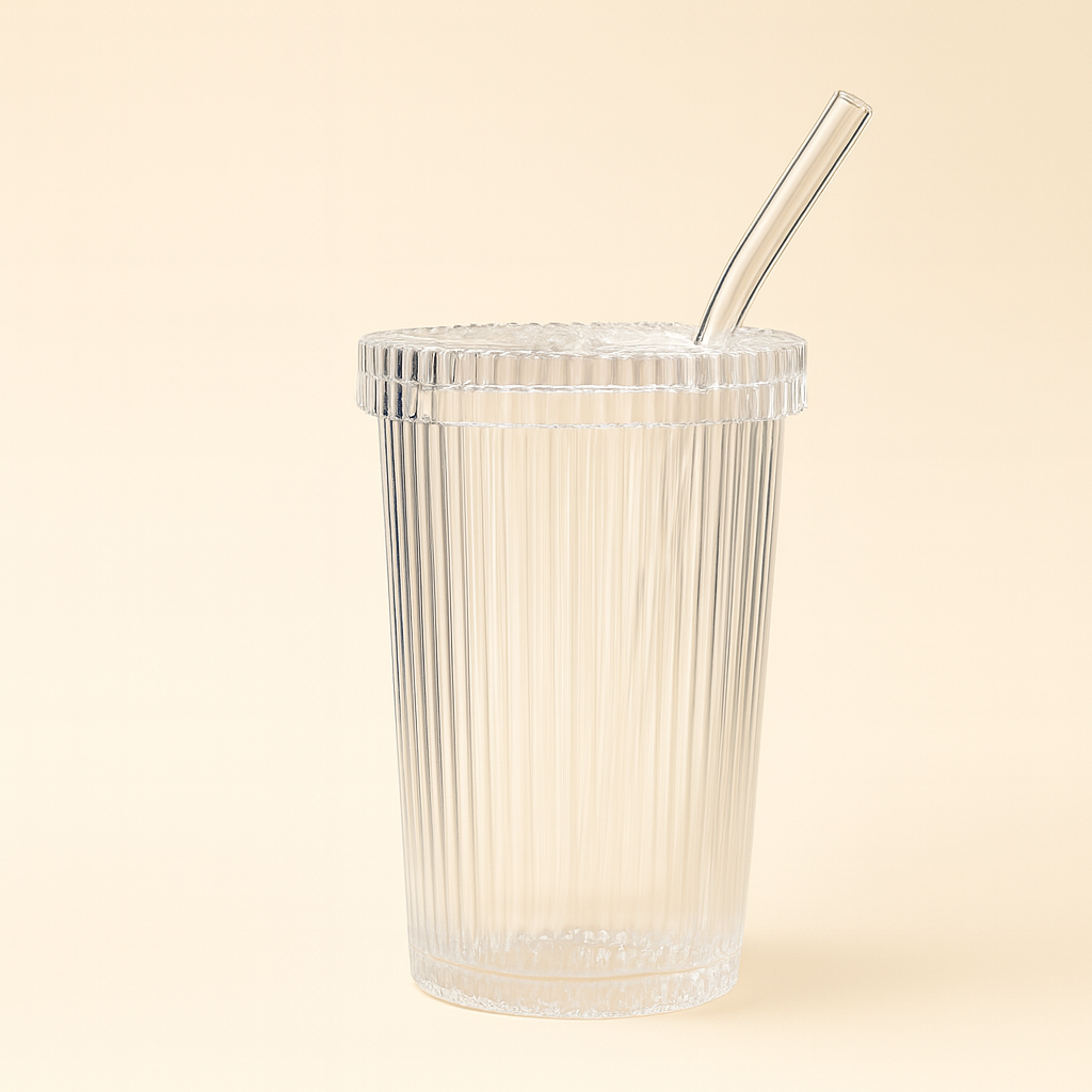 Ribbed Glass Cups with Lids & Straws – 12.7oz