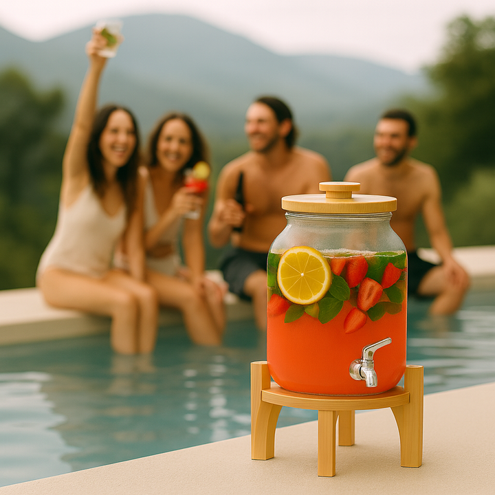 4L Glass Water Dispenser with Wooden Tap & Stand – Leak Proof