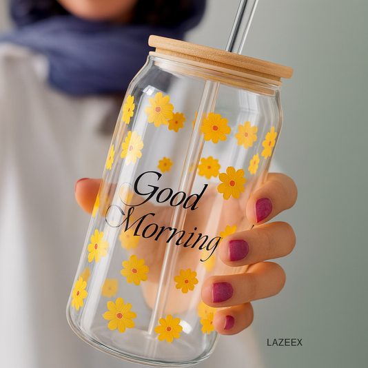 Avastro Yellow Flower Good Morning Print Drinking Coffee Glass Cup with Straws Wine Milk Beer Cola Juice Cold Cocktail Glass with Wooden Lid and Straw 510 ml Pack of 1