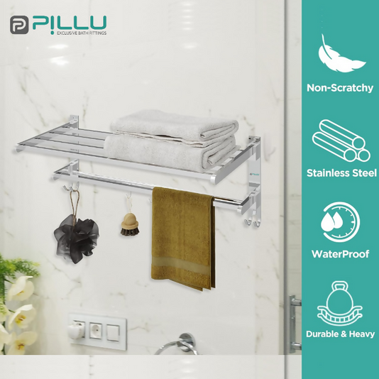 Pillu Bath Fittings Square Shape Stainless Steel Chrome Finish Folding 2 Bar Towel Rack with Adjustable Hook 18 Inch