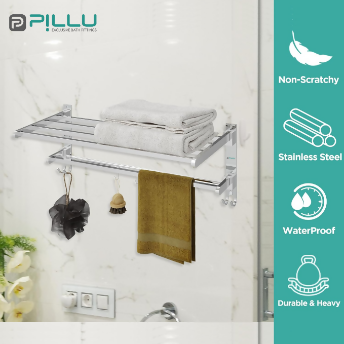 Pillu Bath Fittings Square Shape Stainless Steel Chrome Finish Folding 2 Bar Towel Rack with Adjustable Hook 18 Inch