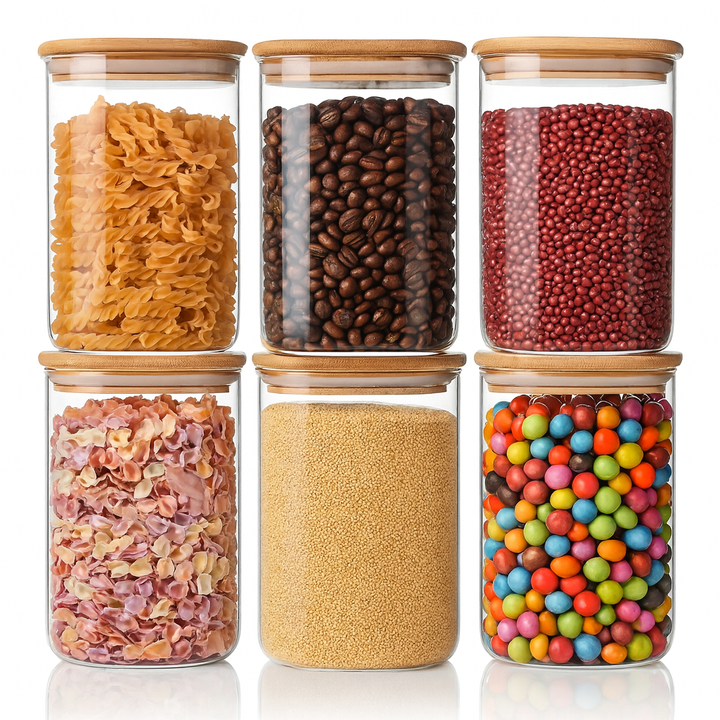 6 Pack 37oz Glass Storage Jars with Airtight Bamboo Lids – Square