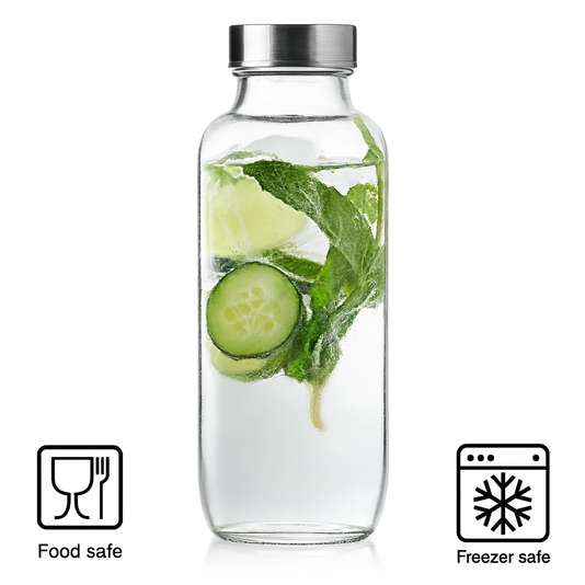 Set of 2 Glass French Square Bottles 1000ml with Steel Lids