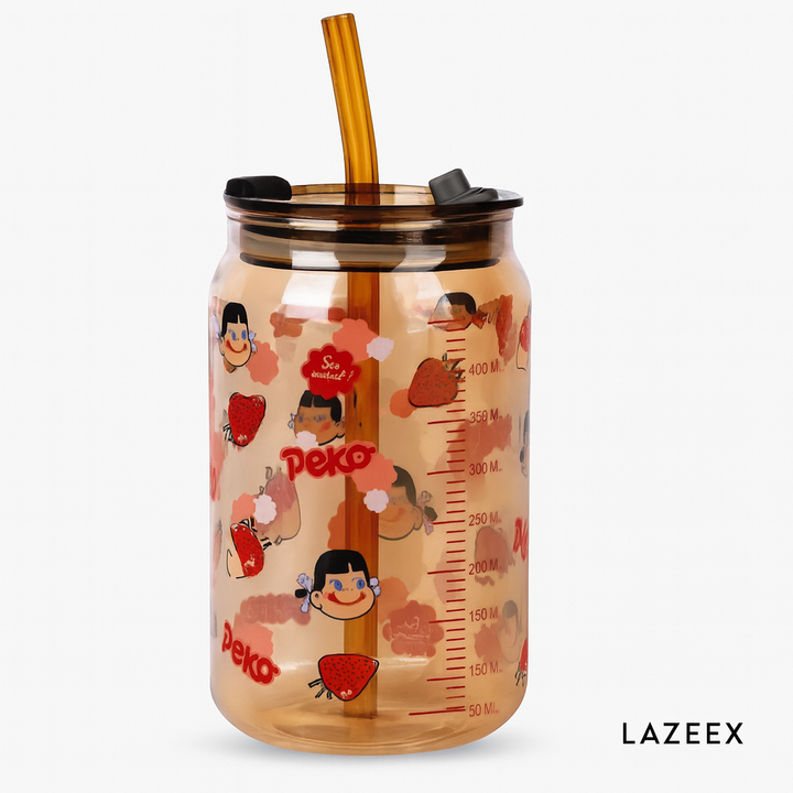 Cartoon Glass Tumbler with Silicone Straw & Lid – Multipurpose Mug