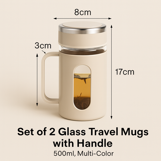 Set of 2 Glass Travel Mugs with Handle – 500ml, Multi-Color