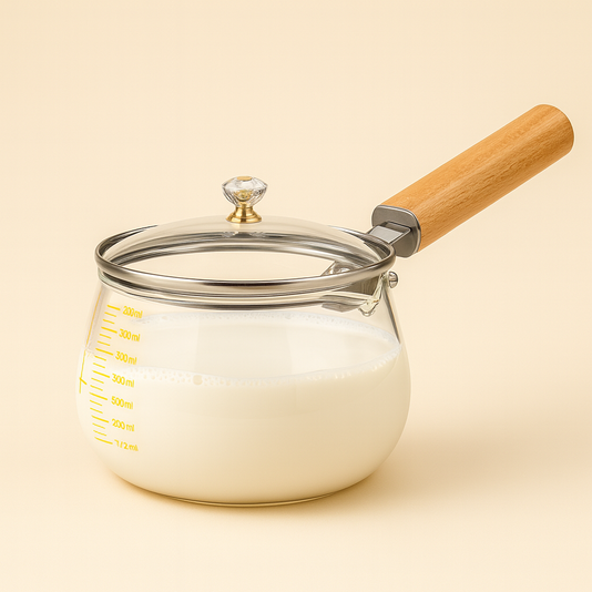 Single Handle Glass Milk Pan with Wooden Lid Knob