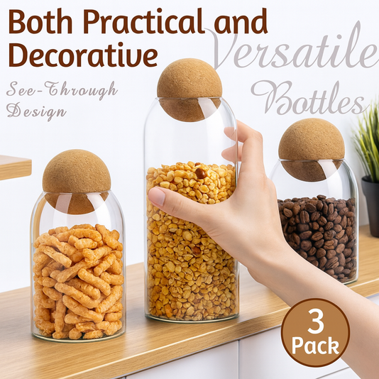 Set of 3 Glass Storage Jars with Ball Cork Lid