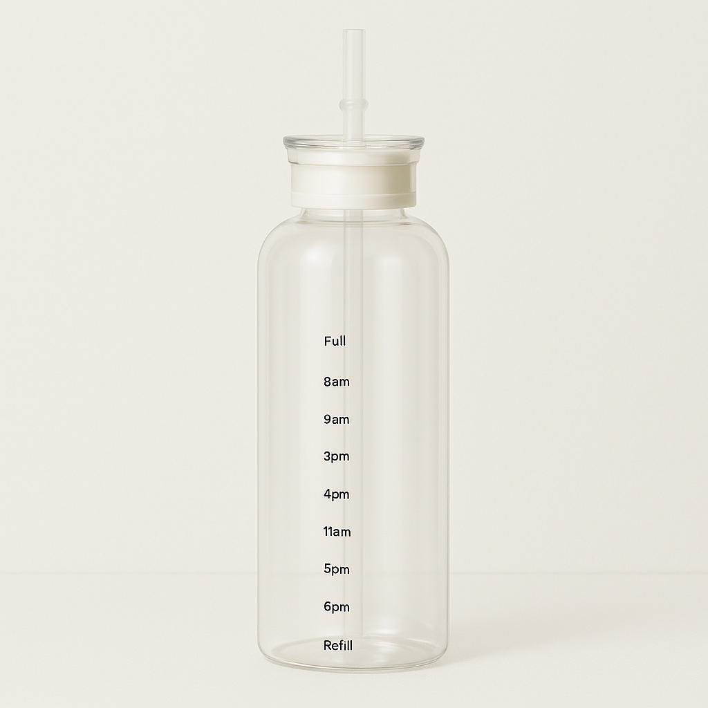 ALTHIVA 750ML Borosilicate Glass Motivational Water Bottle For Men & Women With Time Marker & Leakproof Lid, BPA-Free Reusable Transparent Detox Bottle For Home, Gym, Sports, Office, Travel (White)