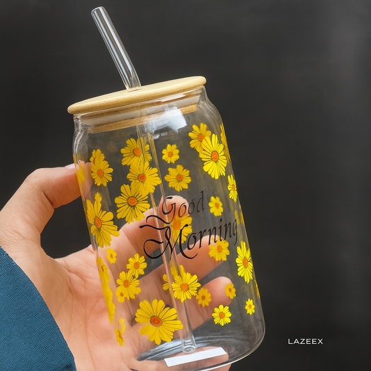 Avastro Yellow Flower Good Morning Print Drinking Coffee Glass Cup with Straws Wine Milk Beer Cola Juice Cold Cocktail Glass with Wooden Lid and Straw 510 ml Pack of 1