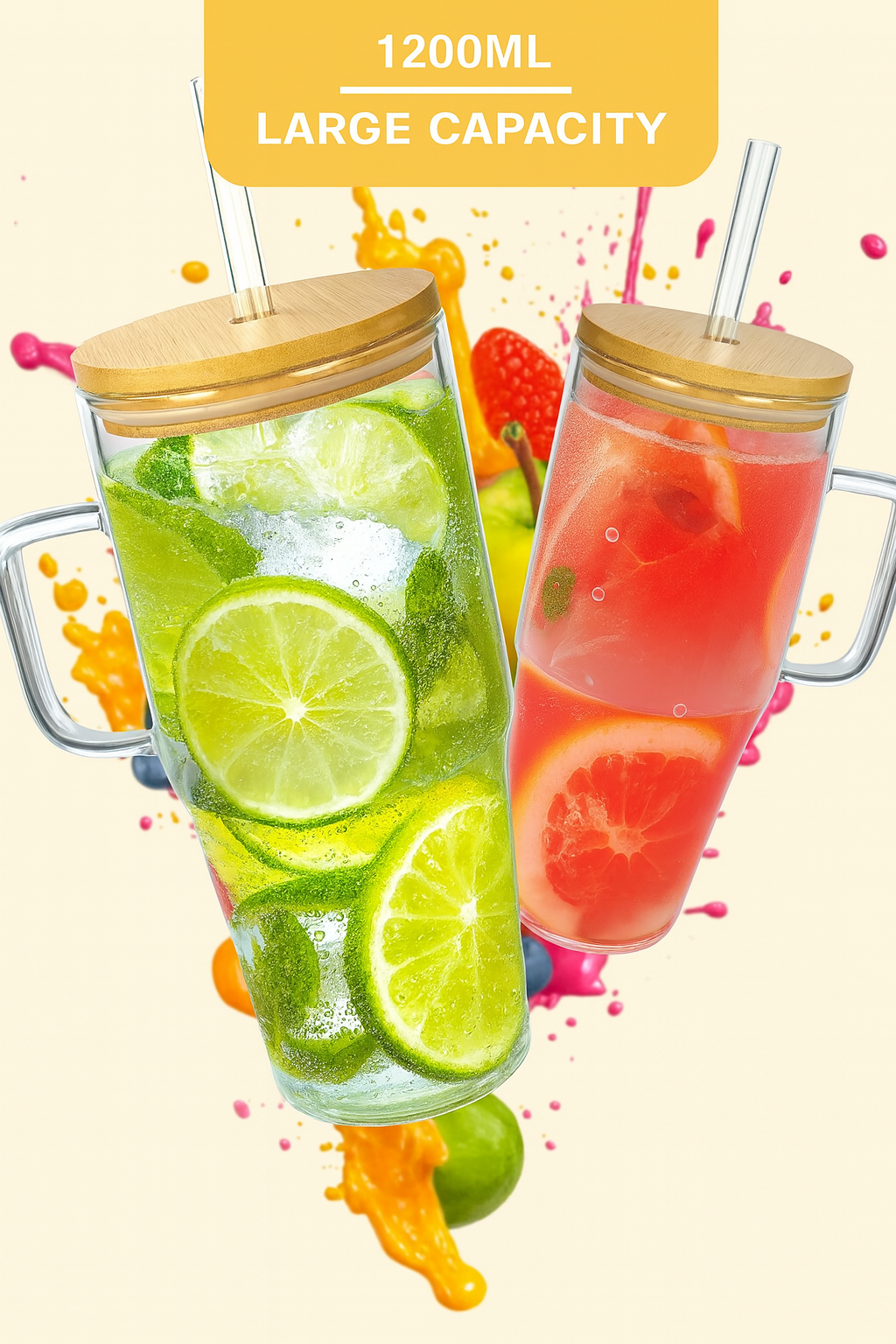 40oz Borosilicate Glass Travel Tumbler with Lid & Straw 1200ml