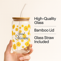 Avastro Yellow Flower Good Morning Print Drinking Coffee Glass Cup with Straws Wine Milk Beer Cola Juice Cold Cocktail Glass with Wooden Lid and Straw 510 ml Pack of 1