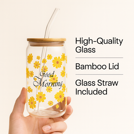 Avastro Yellow Flower Good Morning Print Drinking Coffee Glass Cup with Straws Wine Milk Beer Cola Juice Cold Cocktail Glass with Wooden Lid and Straw 510 ml Pack of 1