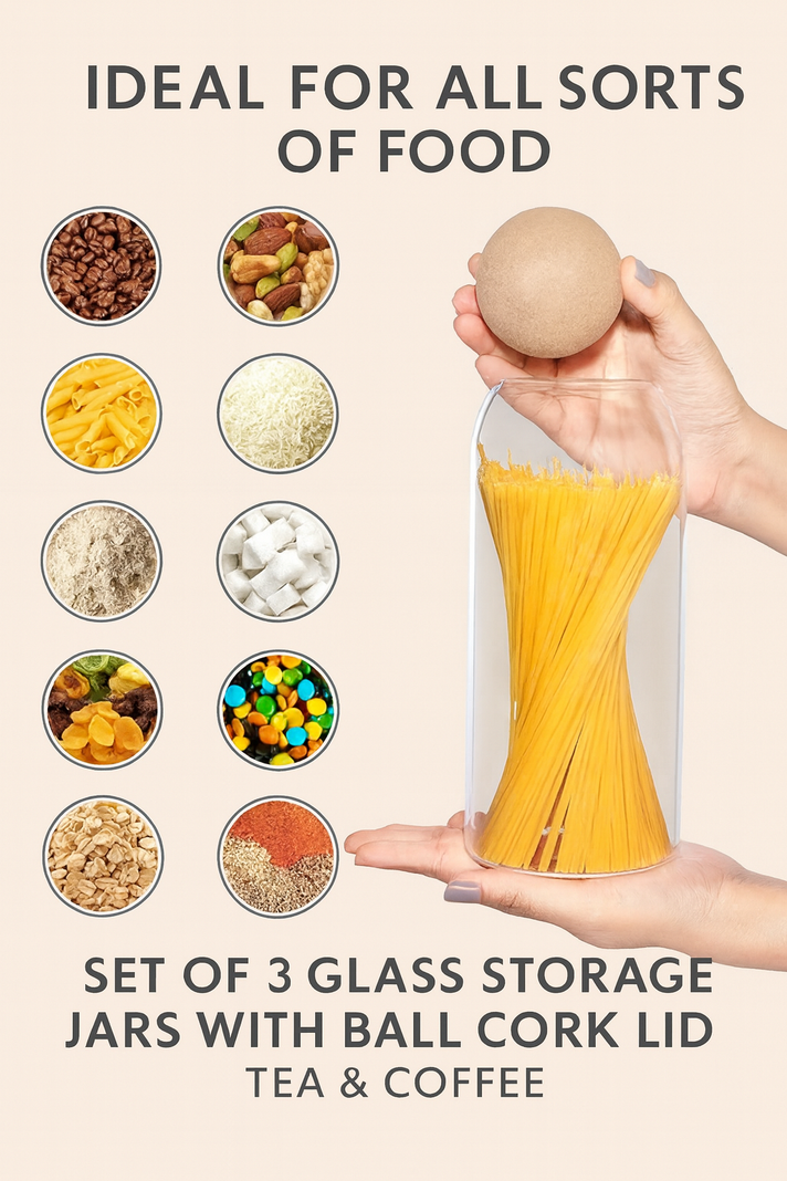 Set of 3 Glass Storage Jars with Ball Cork Lid