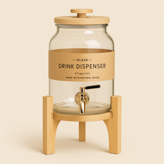 4L Glass Water Dispenser with Wooden Tap & Stand – Leak Proof