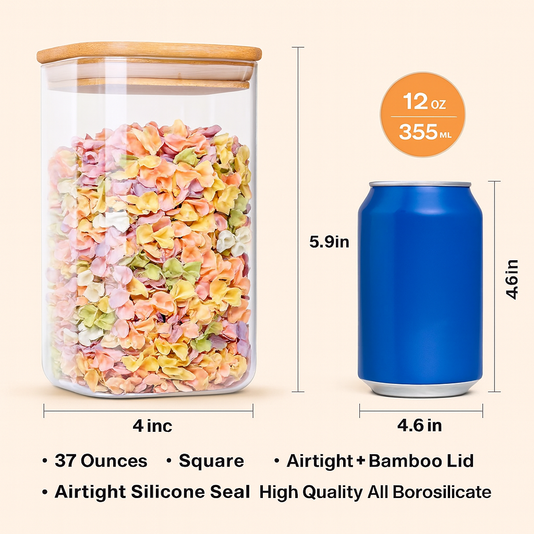 6 Pack 37oz Glass Storage Jars with Airtight Bamboo Lids – Square