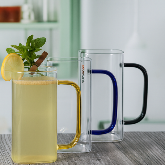 Set of 2 Tall Glass Coffee Mugs 400ml – Color Handle Clear Cups