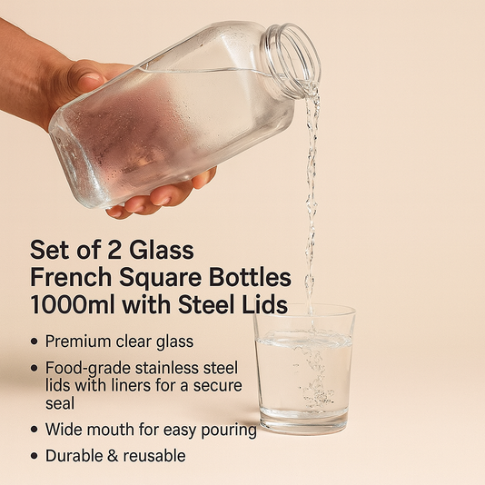 Set of 2 Glass French Square Bottles 1000ml with Steel Lids