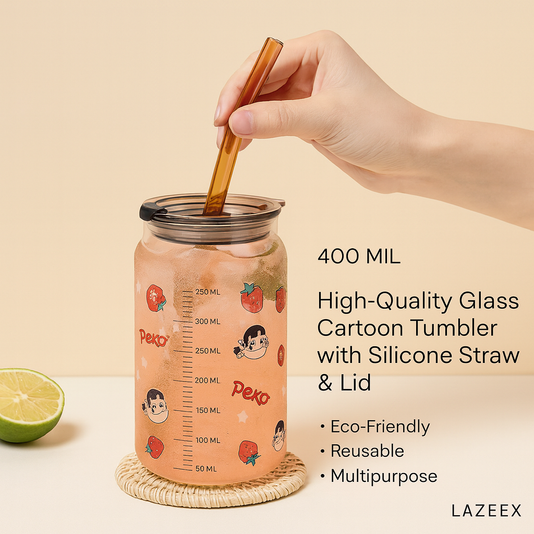 Cartoon Glass Tumbler with Silicone Straw & Lid – Multipurpose Mug