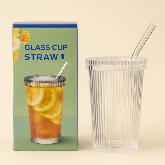 Ribbed Glass Cups with Lids & Straws – 12.7oz