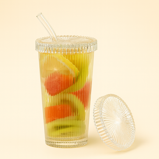 Ribbed Glass Cups with Lids & Straws – 12.7oz