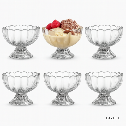 Set of 6 Glass Ice Cream Bowls  Wavy Design Multi Purpose Cups