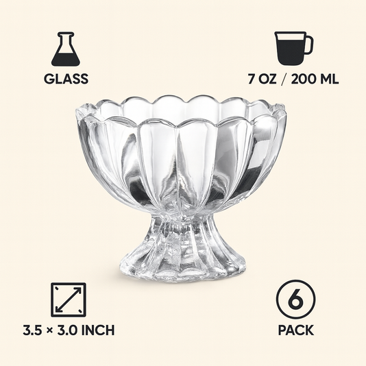 Set of 6 Glass Ice Cream Bowls  Wavy Design Multi Purpose Cups