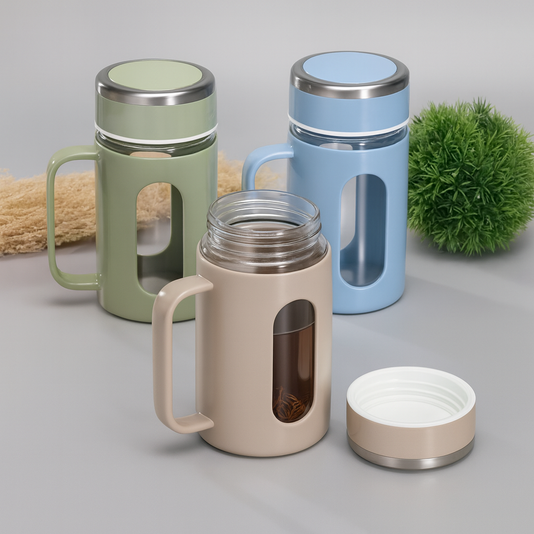 Set of 2 Glass Travel Mugs with Handle – 500ml, Multi-Color