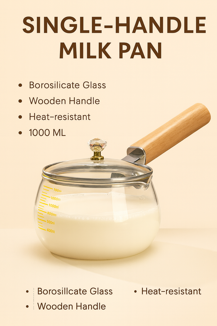 Single Handle Glass Milk Pan with Wooden Lid Knob