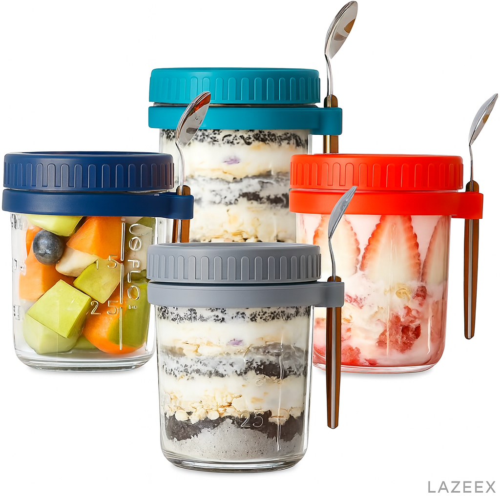 Massive Reckon 350ml Airtight Overnight Oats Jar with Spoon & Lid | Glass Mason Jar for Cereal, Salad, Yogurt, Milk | Leakproof Food Storage Container with Measurement Marks (Pack of 1), Transparent