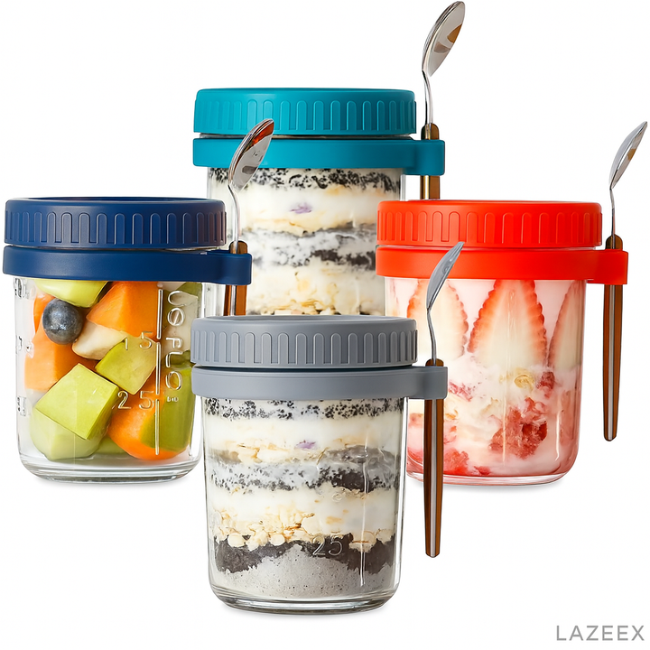 Massive Reckon 350ml Airtight Overnight Oats Jar with Spoon & Lid | Glass Mason Jar for Cereal, Salad, Yogurt, Milk | Leakproof Food Storage Container with Measurement Marks (Pack of 1), Transparent