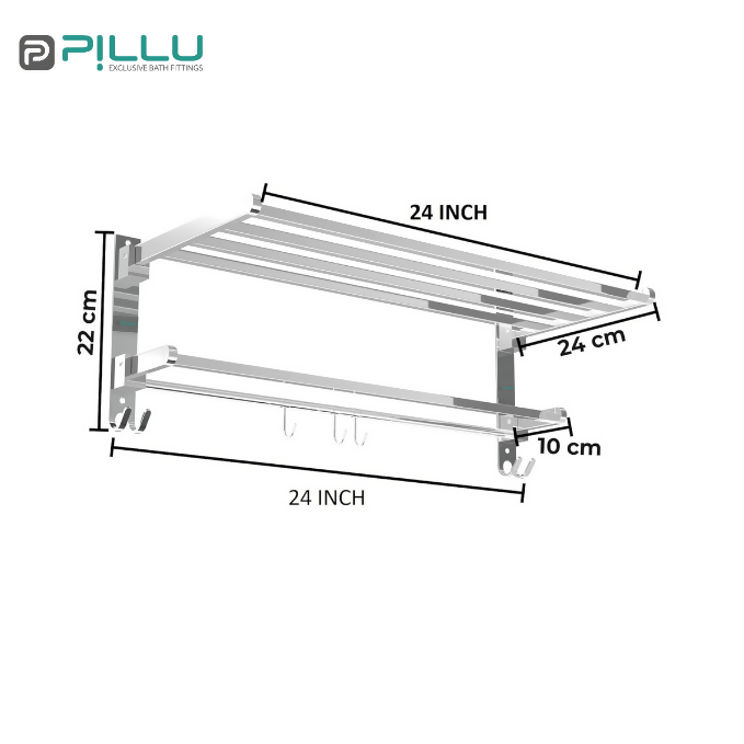 Pillu Bath Fittings Square Shape Stainless Steel Chrome Finish Folding 2 Bar Towel Rack with Adjustable Hook 18 Inch