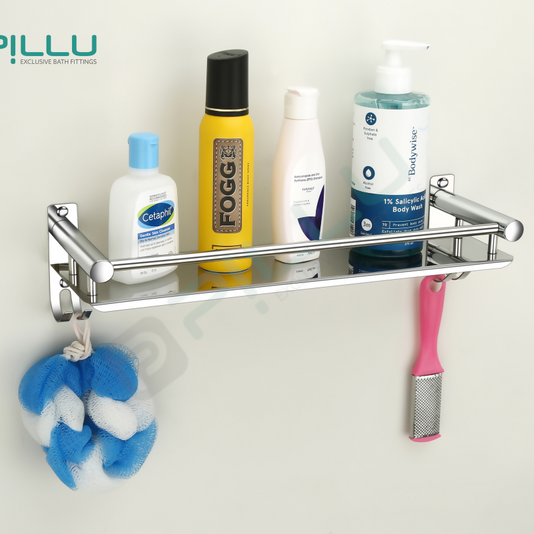 Pillu Bath Fittings 304 Grade Stainless Steel Bathroom Shelf for Wall Storage Shelves for Kitchen Wall Mounted Bathroom Organizer 15x5 Inches Chrome Finish