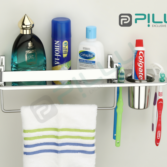 Pillu Bath Fittings Stainless Steel 3 in 1 Multipurpose Bathroom Shelf Rack Towel Hanger Tumbler Holder Bathroom Accessories Silver Towel Holder Stainless Steel