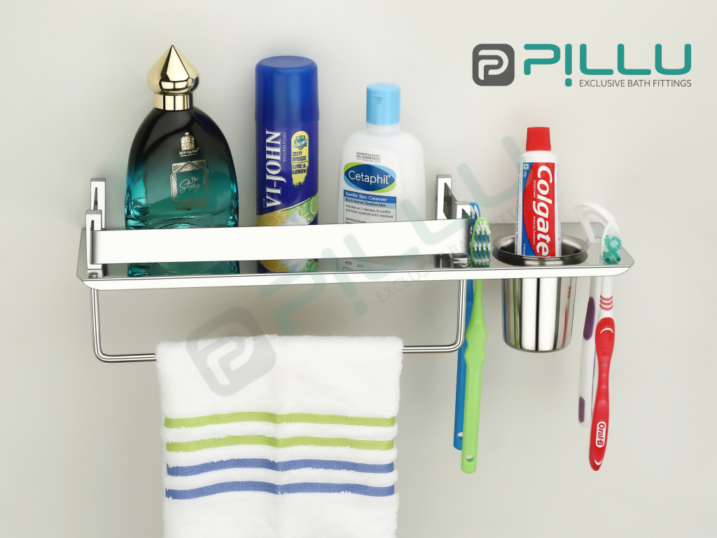 Pillu Bath Fittings Stainless Steel 3 in 1 Multipurpose Bathroom Shelf Rack Towel Hanger Tumbler Holder Bathroom Accessories Silver Towel Holder Stainless Steel