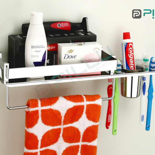 Pillu Bath Fittings Stainless Steel 3 in 1 Multipurpose Bathroom Shelf Rack Towel Hanger Tumbler Holder Bathroom Accessories Silver Towel Holder Stainless Steel