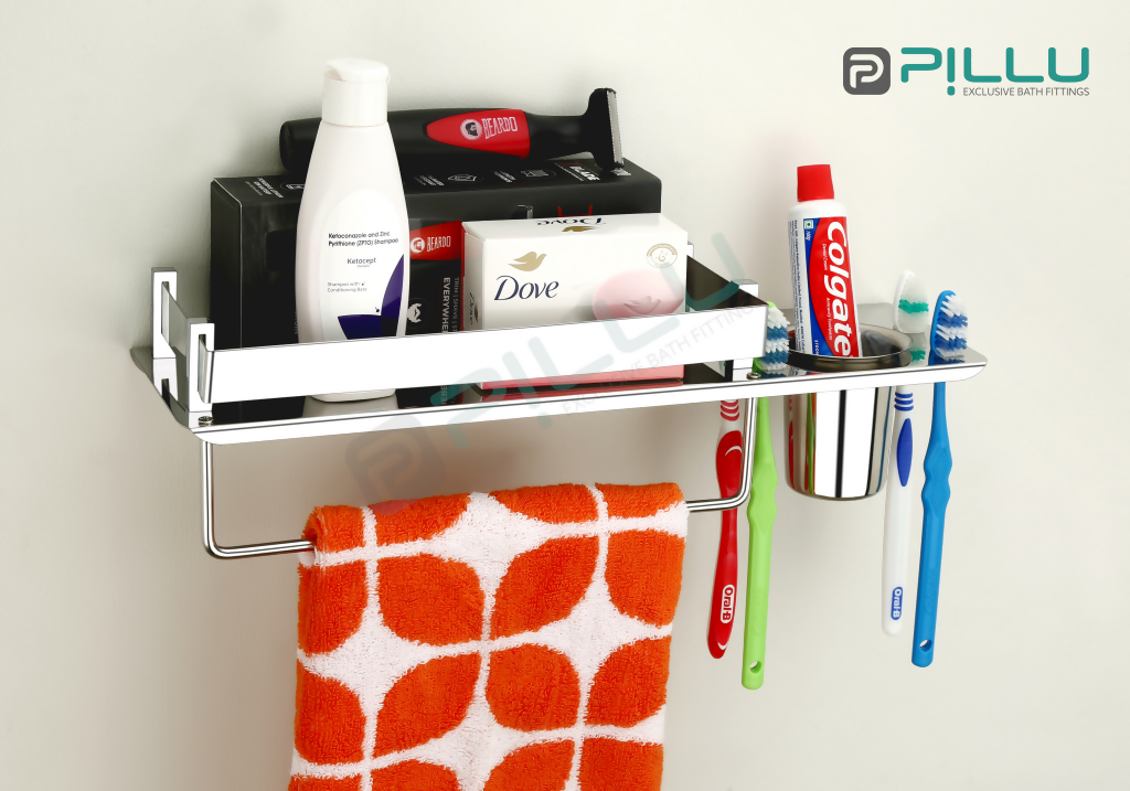 Pillu Bath Fittings Stainless Steel 3 in 1 Multipurpose Bathroom Shelf Rack Towel Hanger Tumbler Holder Bathroom Accessories Silver Towel Holder Stainless Steel