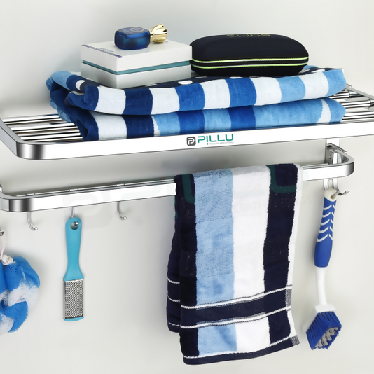 Pillu Bath Fittings Round Shape Stainless Steel Chrome Finish Folding 2 Bar Towel Rack with Adjustable Hook 18 Inch