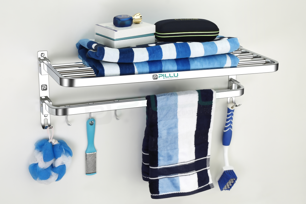 Pillu Bath Fittings Round Shape Stainless Steel Chrome Finish Folding 2 Bar Towel Rack with Adjustable Hook 18 Inch