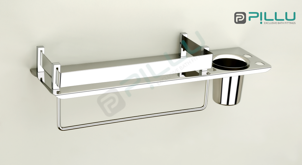 Pillu Bath Fittings Stainless Steel 3 in 1 Multipurpose Bathroom Shelf Rack Towel Hanger Tumbler Holder Bathroom Accessories Silver Towel Holder Stainless Steel