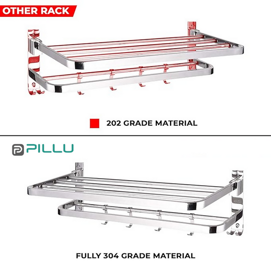 Pillu Bath Fittings Round Shape Stainless Steel Chrome Finish Folding 2 Bar Towel Rack with Adjustable Hook 18 Inch