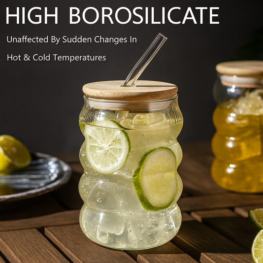 Creative Wave Glass Cup with Bamboo Lid & Straw – Beer & Coffee