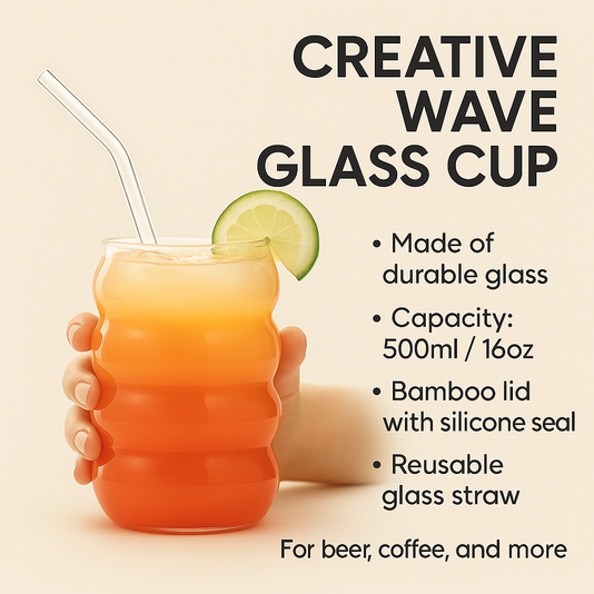 Creative Wave Glass Cup with Bamboo Lid & Straw – Beer & Coffee