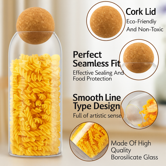 Set of 3 Glass Storage Jars with Ball Cork Lid