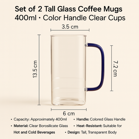 Set of 2 Tall Glass Coffee Mugs 400ml – Color Handle Clear Cups